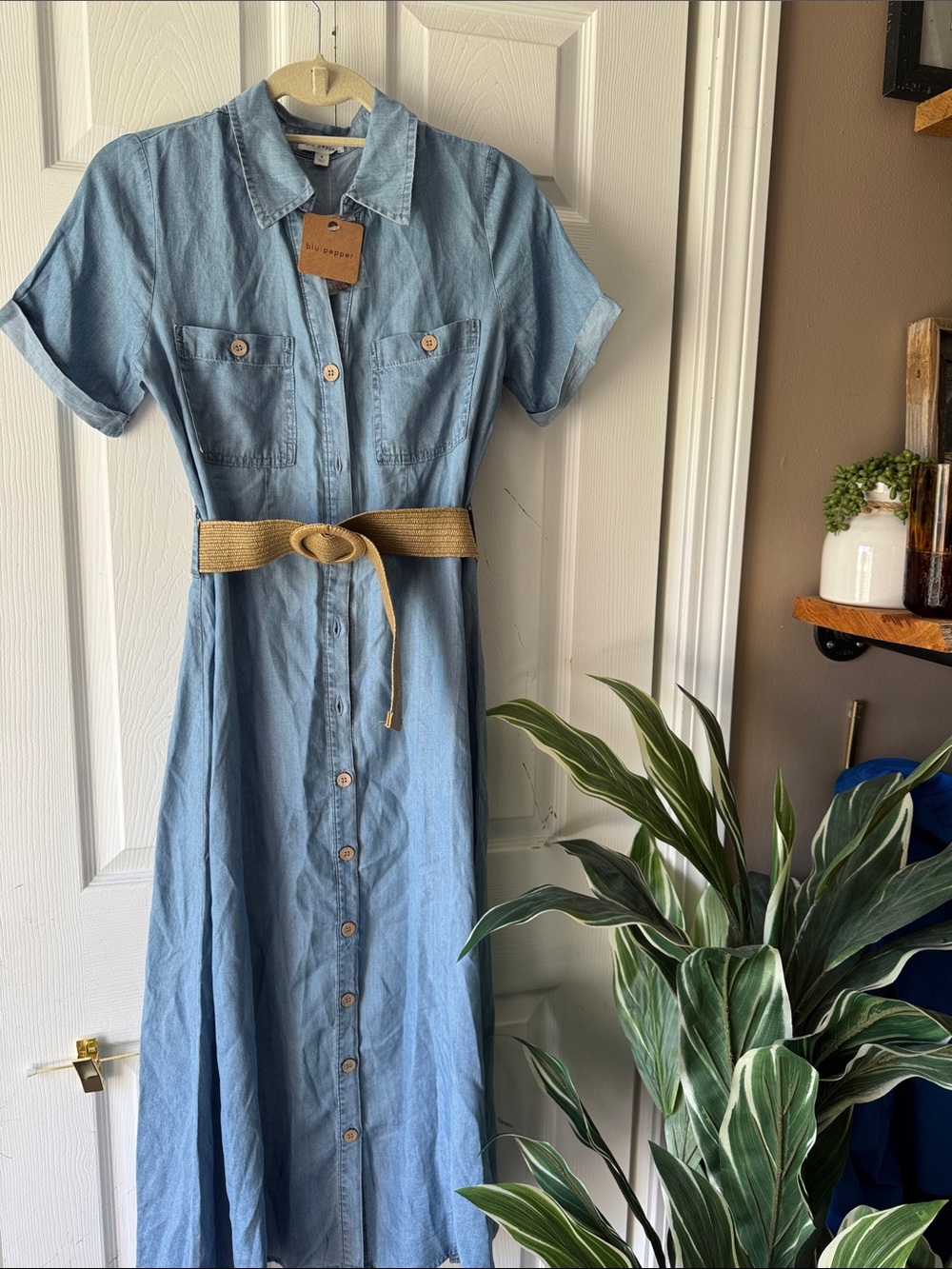 Blu Pepper Light Blue Button-Front Midi Shirt Dress with Woven Belt